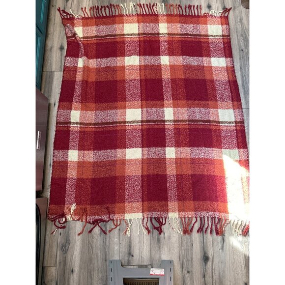 Threshold Plaid Throw Blanket Fall Red & Orange 54x62" Acrylic Polyester Fringed - Picture 1 of 4